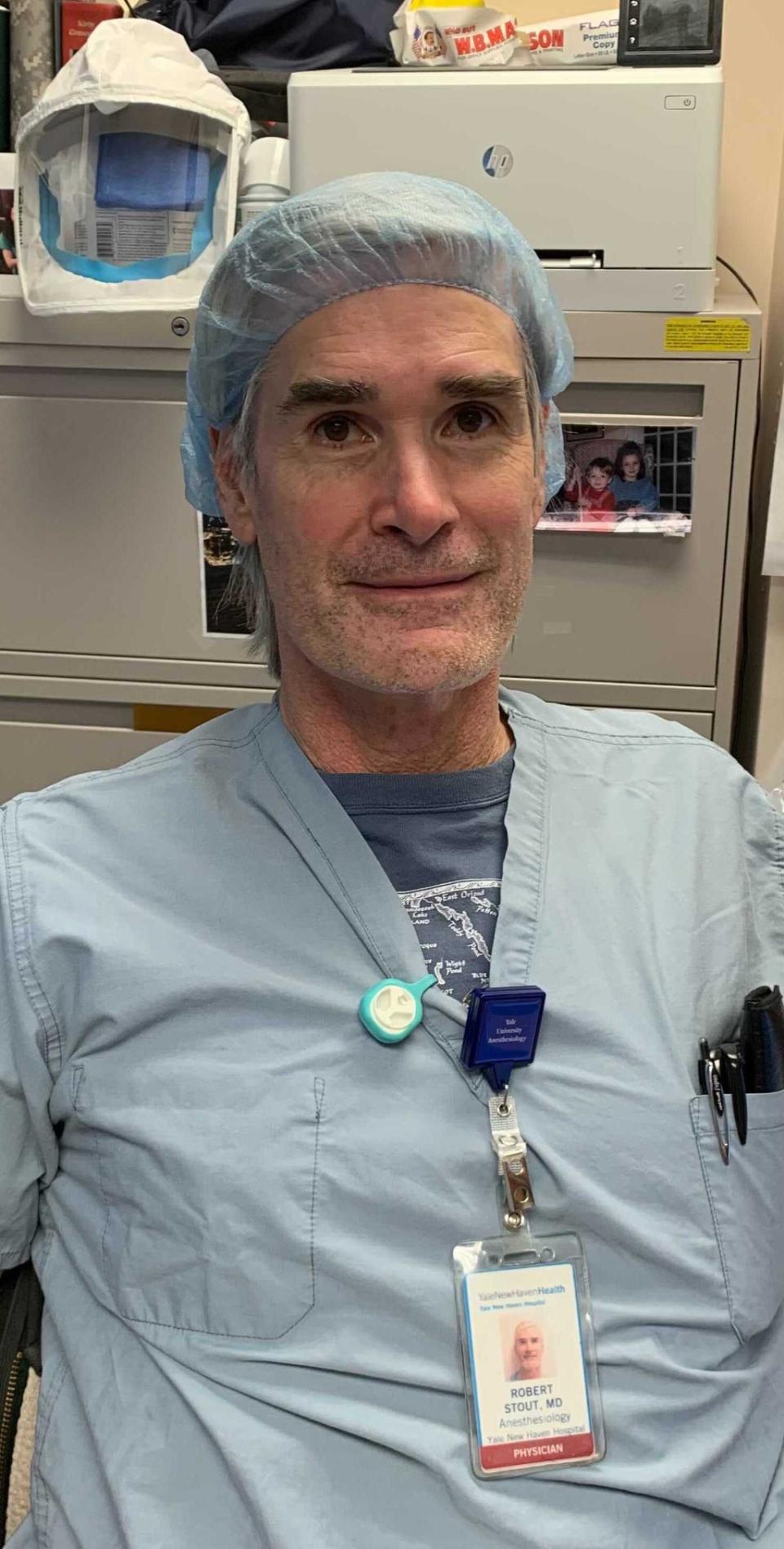 Dr Bob Stout, a physician at Yale New Haven Hospital, wears a Fresh Air Clip (Prof Krystal Pollitt)