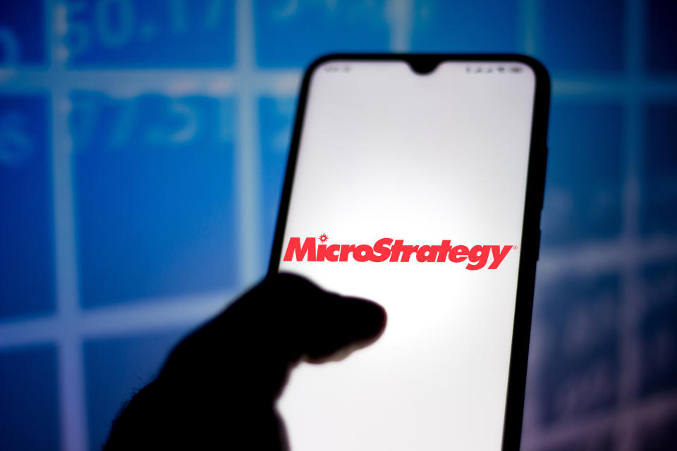 BRAZIL - 2020/05/10: In this photo illustration the MicroStrategy Incorporated logo seen displayed on a smartphone. (Photo Illustration by Rafael Henrique/SOPA Images/LightRocket via Getty Images)