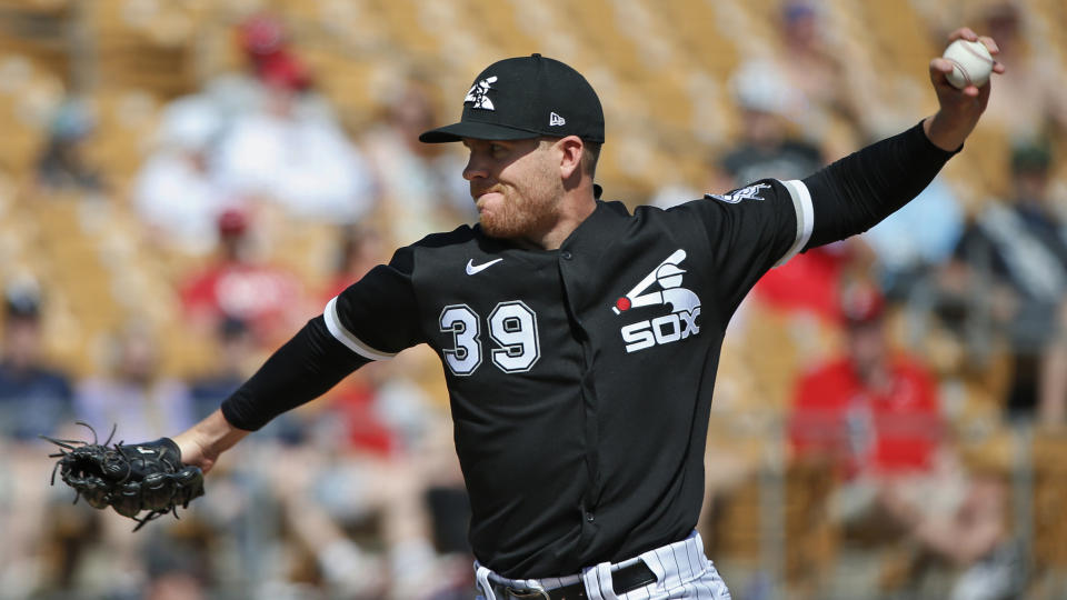 Chicago White Sox's Aaron Bummer pitches during a spring training baseball game against the Cincinnati Reds, Monday, March 9, 2020, in Glendale, Ariz. (AP Photo/Sue Ogrocki)