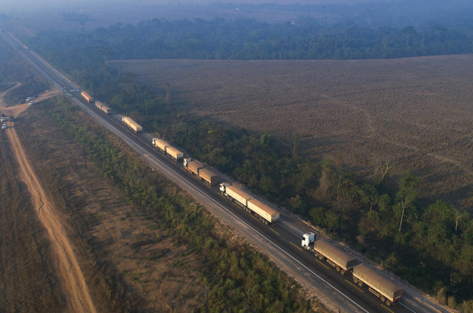 Trucks sit idle on highway BR-163 as it is blocked by Kayapo Indigenous near Novo Progresso, Para state, Brazil, Monday, Aug. 17, 2020. Protesters blocked the road to pressure Brazilian President Jair Bolsonaro to better shield them from COVID-19, to extend damages payments for road construction near their land, and to consult them on a proposed cargo railway. (AP Photo/Andre Penner)