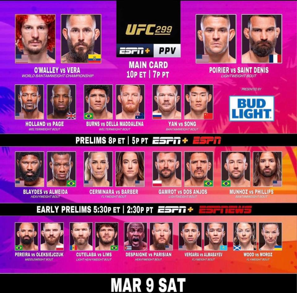 UFC 299 is Saturday, March 9 via ESPN+ from the Kaseya Center in Miami.
