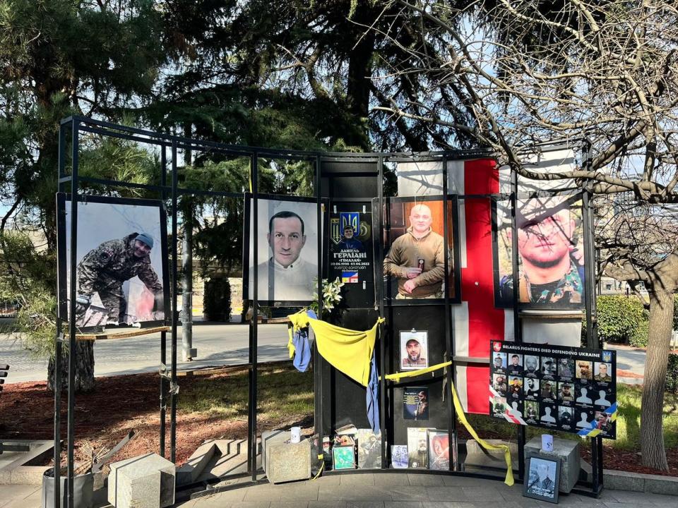 A memorial for Georgian and Belarusian fighters killed in Ukraine off of Heroes Square, Tbilisi, Georgia, on Feb. 2, 2024. (Nate Ostiller/The Kyiv Independent)