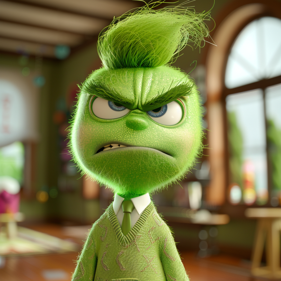 Angry character from 'Inside Out' with fluffy green hair and a green sweater