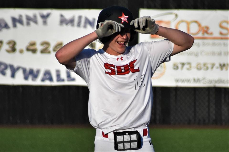 Southern Boone's Ryker Zimmerman reacts after hitting a stand-up double during Father Tolton's 8-6 win over the Eagles on Thursday.