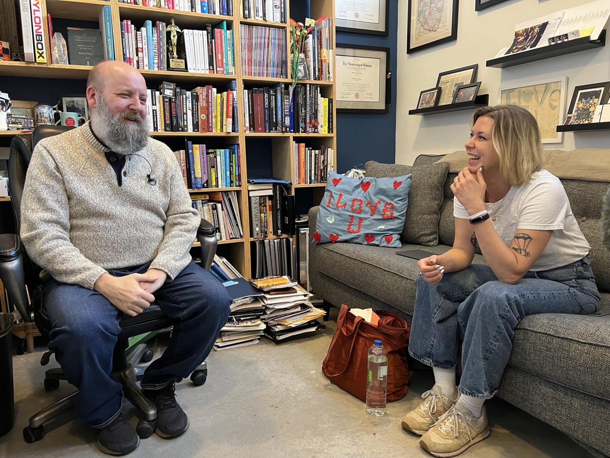 (L-R) Nuçi's Space CEO Bob Sleppy is interviewed by NPR host Raina Douris for the "Sense of Place" radio series on March 21, 2024. The program airs on NPR beginning on May 8, 2024.
