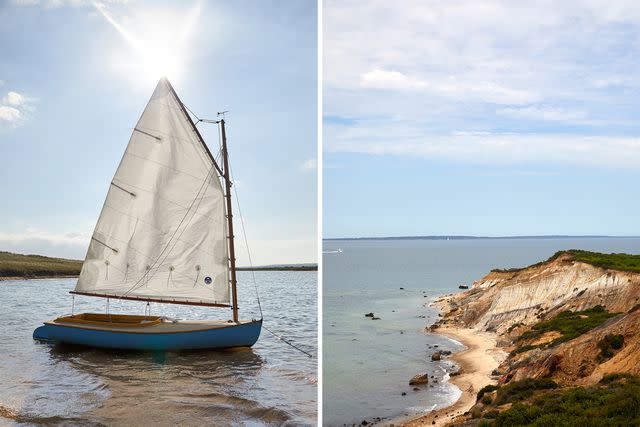 <p>Elizabeth Cecil</p> From left: Ready to sail on Tisbury Great Pond; the Atlantic Ocean, as seen from the top of the Aquinnah Cliffs.