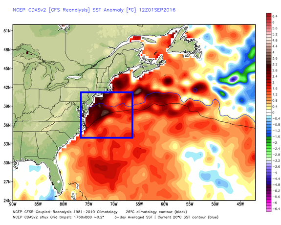 Sea surface temperature anomalies with the rectangle showing the region where the storm will stall out.
