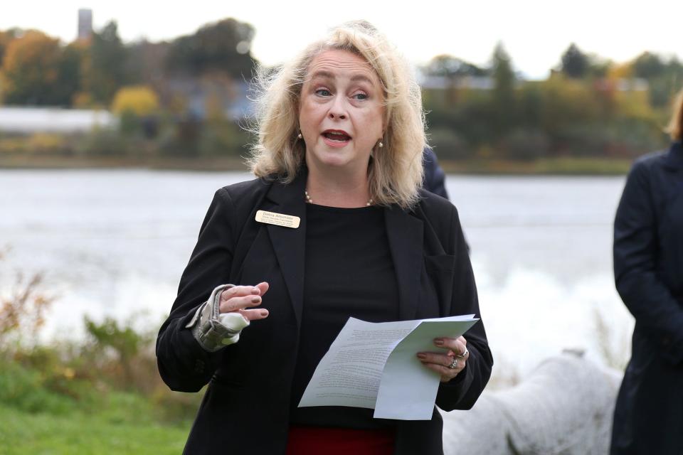 State Rep. Debra Altschiller of Stratham speaks about the proposed Million Air development at McEachern Park in Portsmouth on Thursday, Oct. 13, 2022.