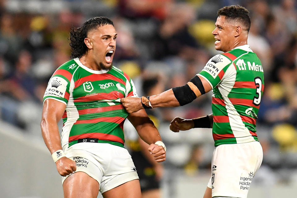 Seen here, Keaon Koloamatangi and Dane Gagai celebrate the Rabbitohs' finals win against Penrith.