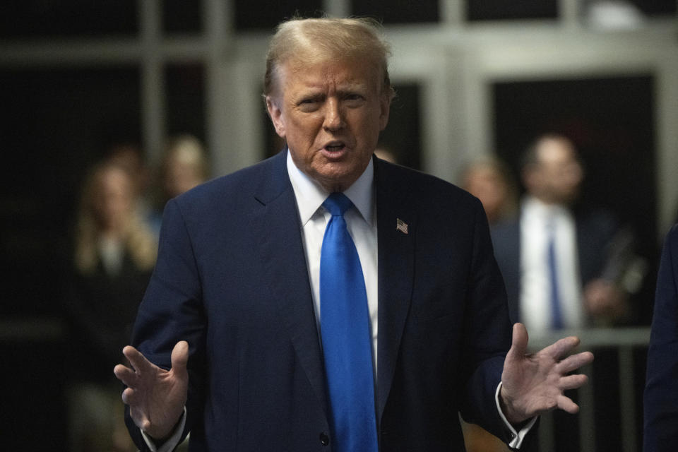 Former president Donald Trump speaks to the media after the first day of opening arguments in his trial at Manhattan Criminal Court for falsifying documents related to hush money payments, in New York, NY, on Monday, April 22, 2024. The former President is expected to spend the next 6 or so weeks in attendance at his trial for falsification of business records, to cover up payments to Stormy Daniels, an adult film star who allegedly had an encounter with the President before he was in office. Photographer: Victor J. Blue for The Washington Post/ Pool