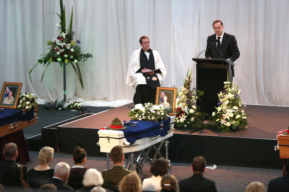 CHRISTCHURCH, NEW ZEALAND - AUGUST 25: New Zealand Prime Minister John Key attends the combined memorial service for fallen soldiers Corporal Luke Tamatea, Lance Corporal Jacinda Baker and Private Richard Harris at Burnham Military Camp on August 25, 2012 in Christchurch, New Zealand. The three fallen New Zealand soldiers were fatally wounded in action on August 4, 2012, in the Bayman Province in Afghanistan. (Photo by Martin Hunter/Getty Images)