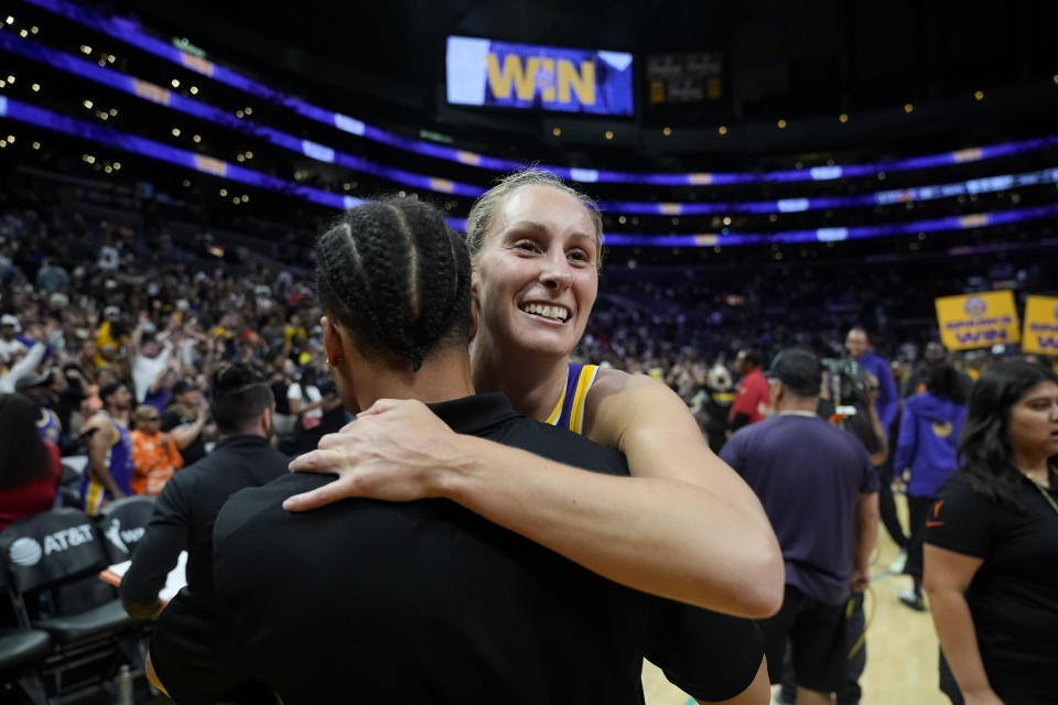 Los Angeles Sparks forward Stephanie Talbot celebrates after the team's overtime win over the Las Vegas Aces on Friday in Los Angeles. (AP Photo/Ryan Sun)