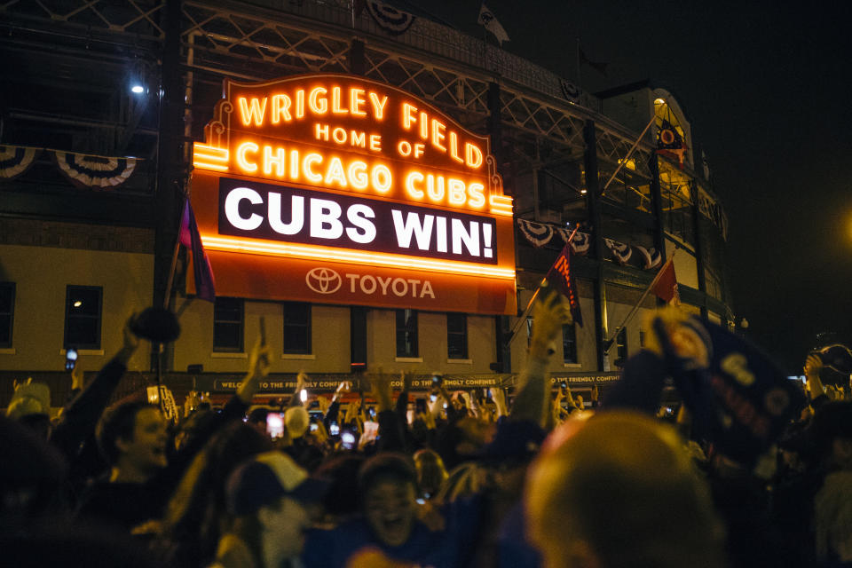 Cubs Win displayed on the main scoreboard of Wrigley Fieldin Chicago, on November 2, 2016. (Photo by Jim Vondruska/NurPhoto via Getty Images)