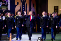 <p>President Donald Trump waves before the NCAA college football playoff championship game between Georgia and Alabama Monday, Jan. 8, 2018, in Atlanta. (AP Photo/Andrew Harnik) </p>