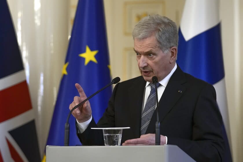 Finland's President Sauli Niinisto makes a point during a joint press conference with British Prime Minister Boris Johnson