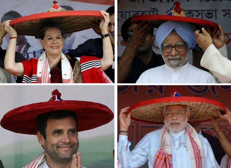 (Clockwise from top L) Congress Party Leader Sonia Gandhi, Indian Prime Minister Manmohan Singh, Congress Party Leader and Prime Ministerial candidate Rahul Gandhi and Bharatiya Janata Party and Prime Ministerial candidate Narendra Modi