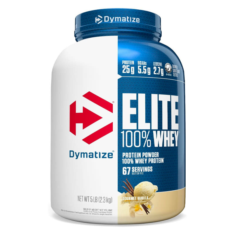 <p>Courtesy of Amazon</p><p>With all the exercise you get, you’ll need to feed your muscles high-quality protein to maximize recovery—and now is a great time to stock up on <a href="http://mensjournal.com/health-fitness/best-whey-protein-powder" rel="nofollow noopener" target="_blank" data-ylk="slk:protein powder;elm:context_link;itc:0;sec:content-canvas" class="link ">protein powder</a> with some double-take-worthy October Prime Day prices. Dymatize is a leading sports nutrition brand, and its Elite 100% Whey is a premium powder with a generous 25 grams of protein per scoop to promote lean muscle gains and only 5 grams (combined) of carbs and fat. The Gourmet Vanilla flavor is delicious and versatile, and with 67 servings in the 5-pound tub, you can have over two months' worth of nutritious shakes and smoothies.</p>