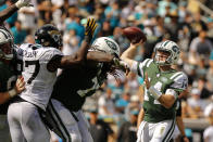 <p>New York Jets quarterback Sam Darnold (14) throws a pass during the game between the New York Jets and the Jacksonville Jaguars on September 30, 2018 at TIAA Bank Field in Jacksonville, Fl. (Photo by David Rosenblum/Icon Sportswire via Getty Images) </p>