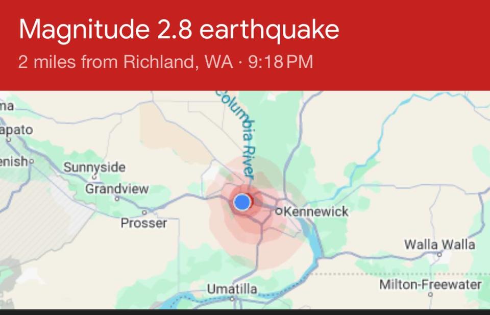 A USGS Earthquake map appeared on google search results after a 2.8 magnitude tremor shook south Richland on Friday.