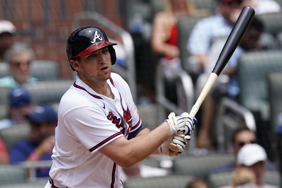 Atlanta Braves' Austin Riley drives in a run with a double in the sixth inning of a baseball game against the Washington Nationals, Thursday, June 3, 2021, in Atlanta. (AP Photo/John Bazemore)
