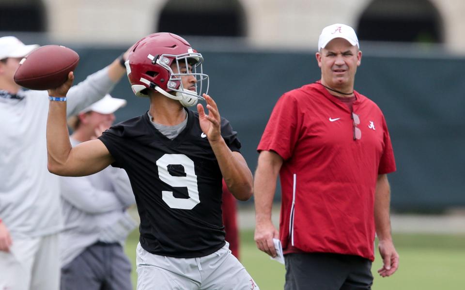 New offensive coordinator Bill O'Brien watches quarterback Bryce Young throw during practice. The Alabama Crimson Tide opened practice for the 2021 season as they prepare to defend the 2020 National Championship Friday, Aug. 6, 2021. [Staff Photo/Gary Cosby Jr.]

Alabama First Practice