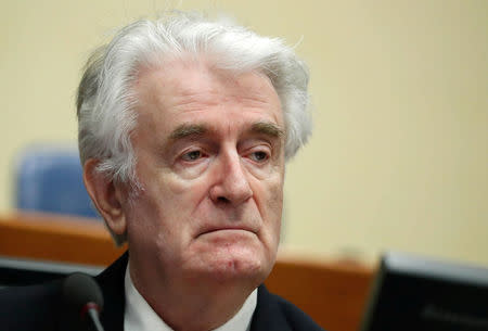 Former Bosnian Serb leader Radovan Karadzic appears in a courtroom before the International Residual Mechanism for Criminal Tribunals (MICT), which is handling outstanding war crimes cases for the Balkans and Rwanda, in The Hague, Netherlands, April 24, 2018. REUTERS/Yves Herman/Pool