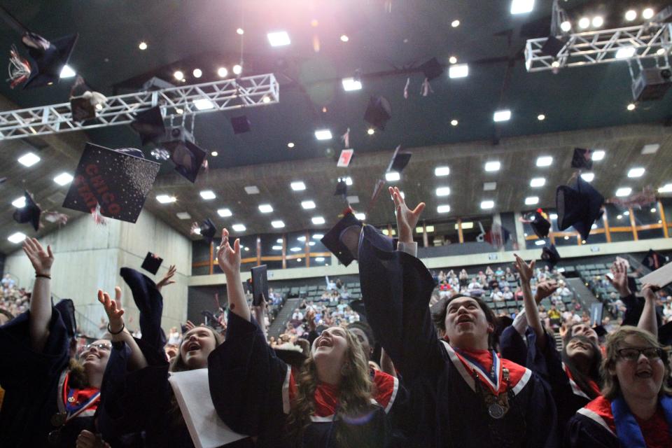 Central Valley High School graduates toss their caps in the air after their graduation ceremony Wednesday, June 5, 2019 inside the Redding Civic Auditorium. At Central Valley's 61st commencement, 116 seniors received their diplomas. (Hung T. Vu/Special to the Record Searchlight)