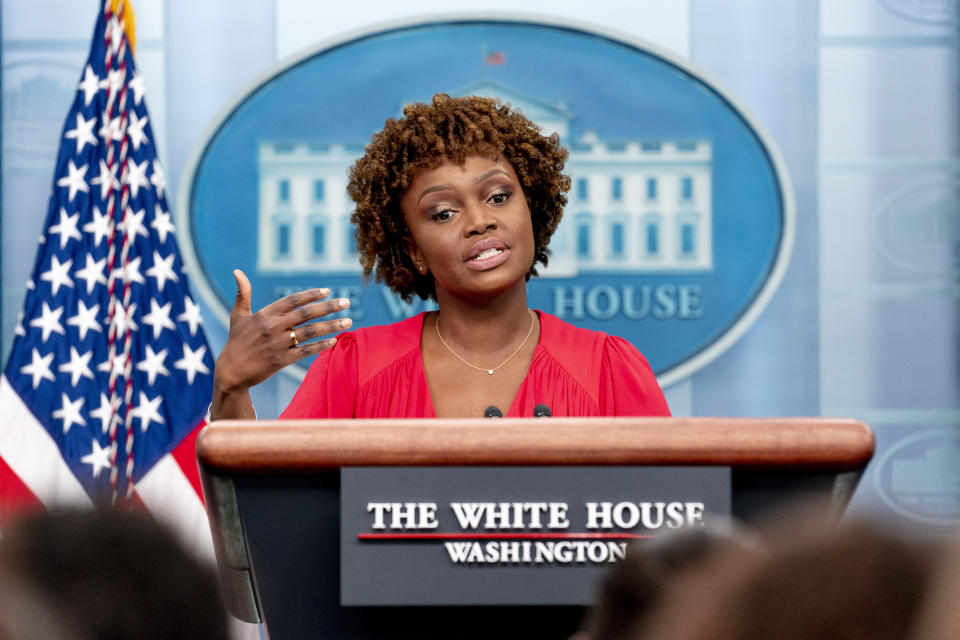 White House press secretary Karine Jean-Pierre speaks during her first press briefing as press secretary at the White House in Washington, Monday, May 16, 2022. (AP Photo/Andrew Harnik)