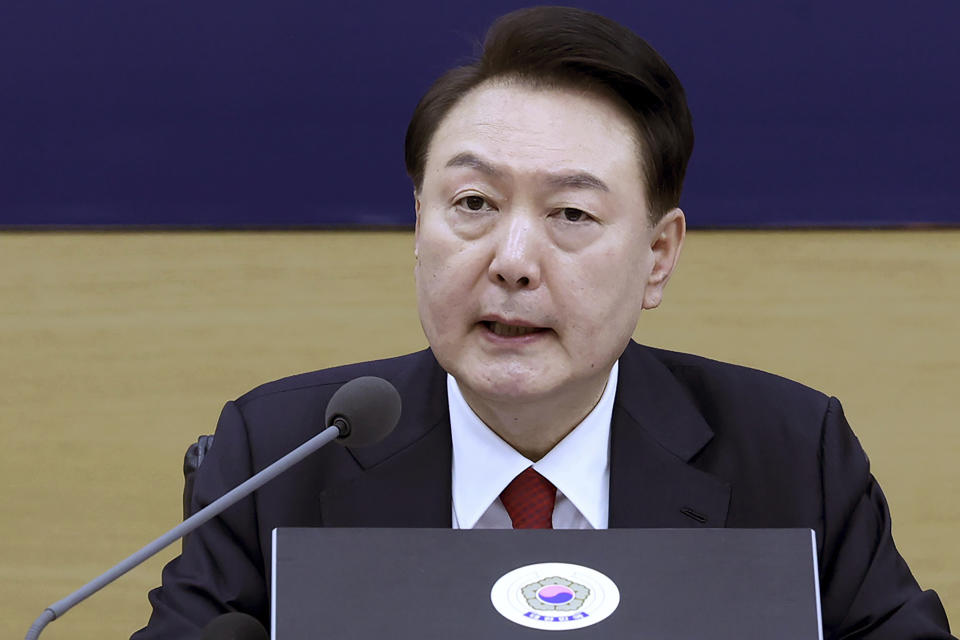 FILE - South Korean President Yoon Suk Yeol speaks during a cabinet meeting at the government complex in Sejong, South Korea, Wednesday, March 6, 2024. South Korea’s president met the leader of thousands of striking junior doctors on Thursday, April 4, 2024, and promised to respect their position during future talks over his contentious push to sharply increase medical school admissions. The meeting between President Yeol and Park Dan, head of an emergency committee for the Korea Intern Resident Association, was the first of its kind since more than 90% of the country’s 13,000 trainee doctors walked off the job in February, disrupting hospital operations. (Jin Sung-chul/Yonhap via AP, File)