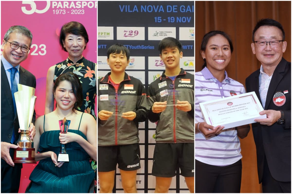 (From left) Para swimmer Yip Pin Xiu receives the Sportswoman of the Year award at the Singapore Disability Sports Awards, paddlers Zhou Jingyi and Izaac Quek win the U-19 mixed doubles title at WTT Youth Star Contender Vila Nova de Gaia tournament, and golfer Aloysa Atienza wins the female golfer of the year award at the SGA Annual Gala and Awards Dinner. (PHOTOS: SDSC/STTA/SGA)