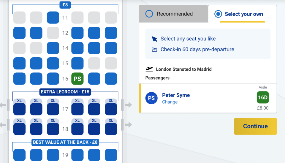 The seat map on a Ryanair booking page