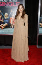 <p>Dakota is a classic beauty in this finely-embroidered beige gown. <i>(Getty)</i> </p>