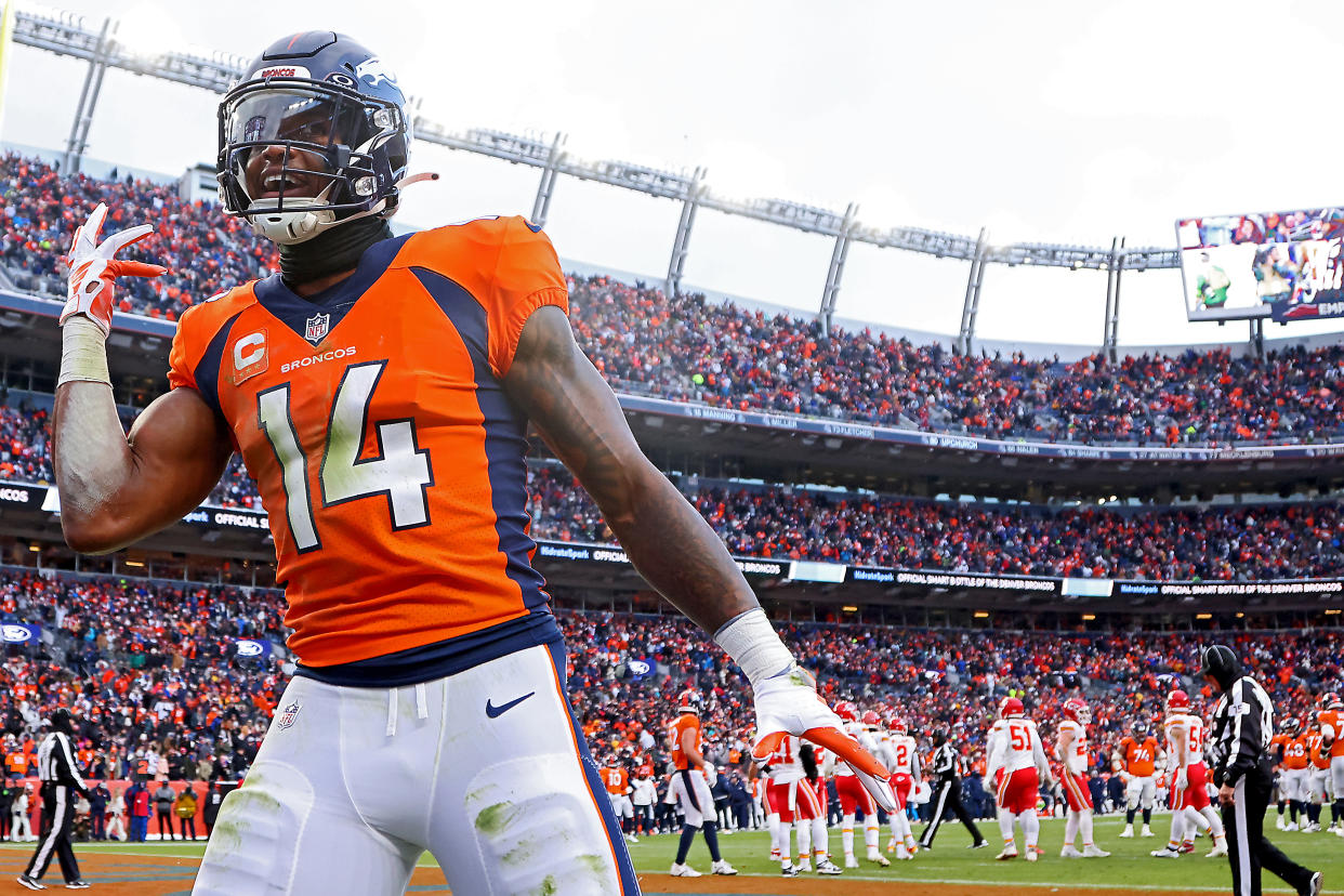 Courtland Sutton of the Denver Broncos celebrates a touchdown during the fourth quarter of a win against the Chiefs. (Photo by Justin Tafoya/Getty Images)