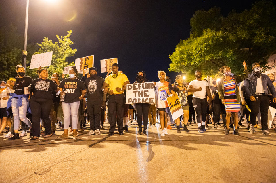 Activists in Rochester, New York, US, on September 3, 2020 protest after the death of Daniel Prude who died earlier this year as new information comes out about his death at the hands of police. (Zach D Roberts/NurPhoto via Getty Images)