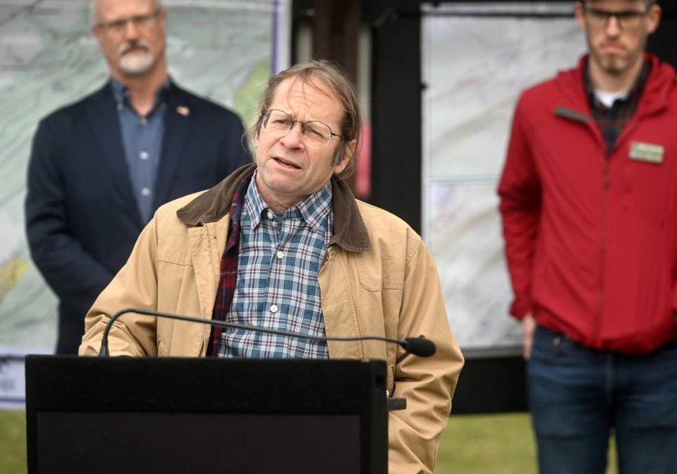 Jay Ziegler from the Rothrock Trail Alliance speaks during a press conference Thursday about the new trails that will be created. He was joined by representatives from DCNR and others at the Musser Gap Trail.