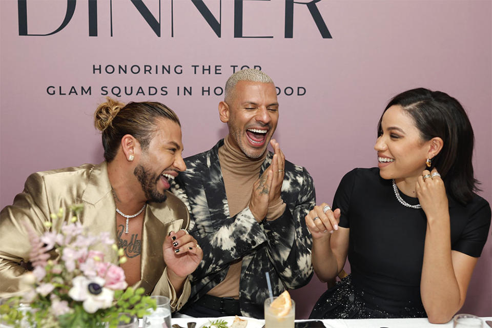 Rokael Lizama, Vincent Oquendo and Jurnee Smollett attend The Hollywood Reporter Beauty Dinner Presented by Instagram, Sponsored by Upneeq, Honoring the Top Glam Squads in Hollywood at Holloway House on October 25, 2023 in West Hollywood, California.