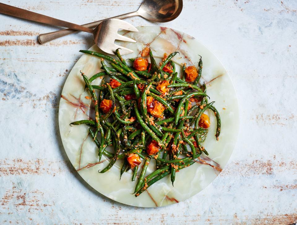 Blistered Green Beans with Tomato-Almond Pesto