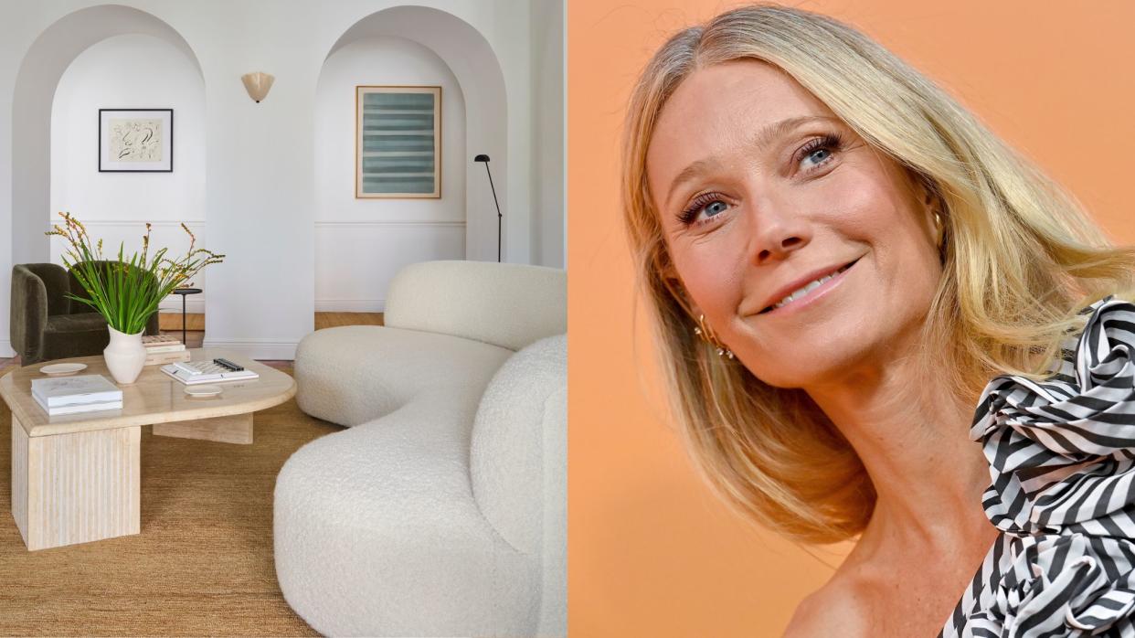  Goop villa living room with white rounded sofa and picture of Gwyneth Paltrow. 