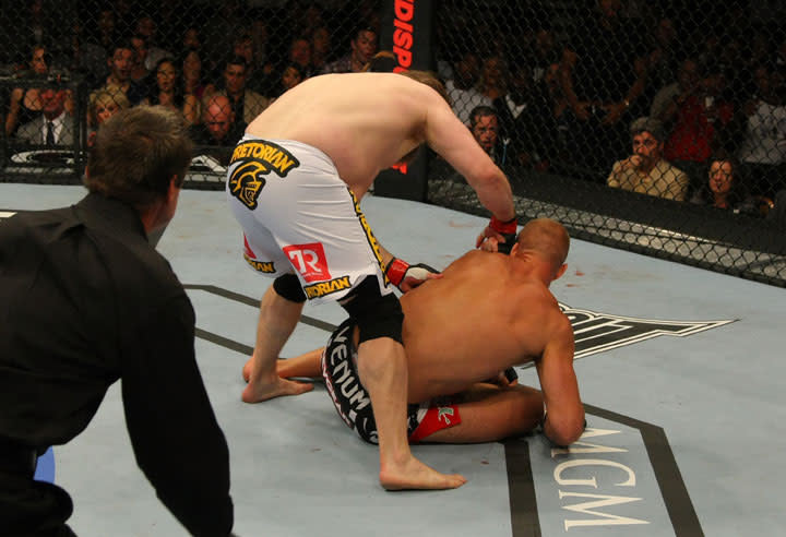 LAS VEGAS, NV - MAY 26: Roy Nelson (white shorts) punches Dave Herman during a heavyweight bout at UFC 146 at MGM Grand Garden Arena on May 26, 2012 in Las Vegas, Nevada.