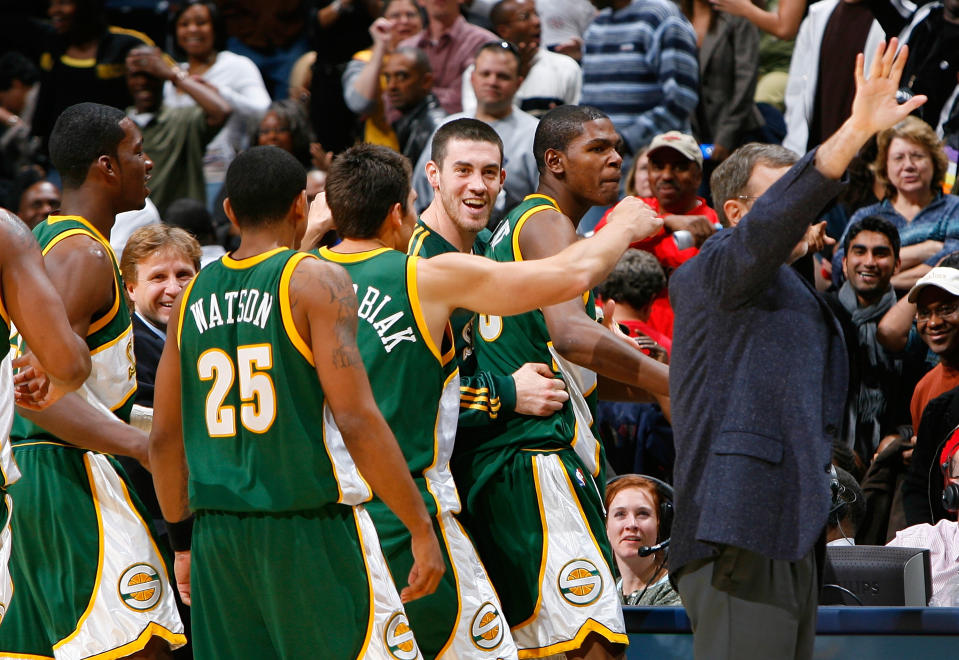 ATLANTA – NOVEMBER 16: Kevin Durant #35 of the Seattle SuperSonics celebrates with teammates after scoring the game-winning basket over the <a class="link " href="https://sports.yahoo.com/nba/teams/atlanta/" data-i13n="sec:content-canvas;subsec:anchor_text;elm:context_link" data-ylk="slk:Atlanta Hawks;sec:content-canvas;subsec:anchor_text;elm:context_link;itc:0">Atlanta Hawks</a> as time expired in the second overtime at Philips Arena November 16, 2007 in Atlanta, Georgia. Seattle defeated Atlanta 126-123. (Photo by Kevin C. Cox/Getty Images)