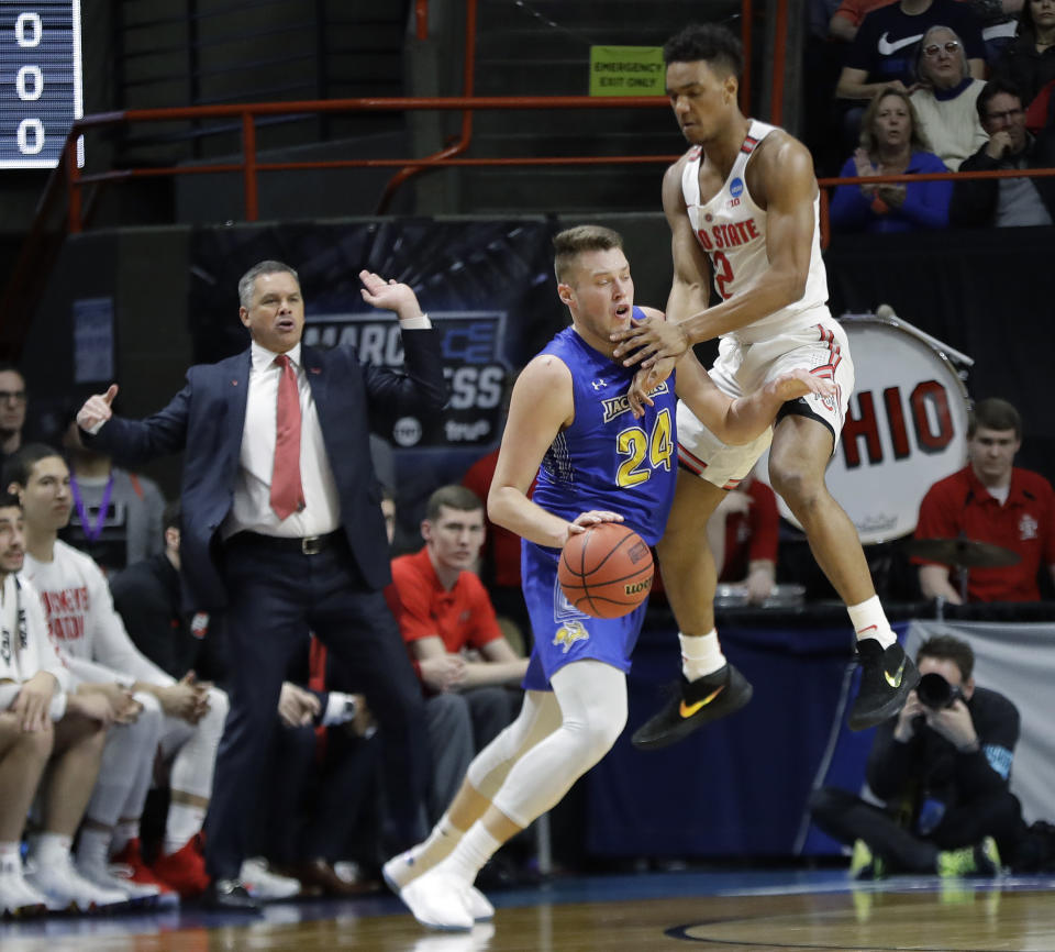 Ohio State avoided an upset from South Dakota State, who got a 27-point effort from star forward Mike Daum (24). (AP Photo/Otto Kitsinger)