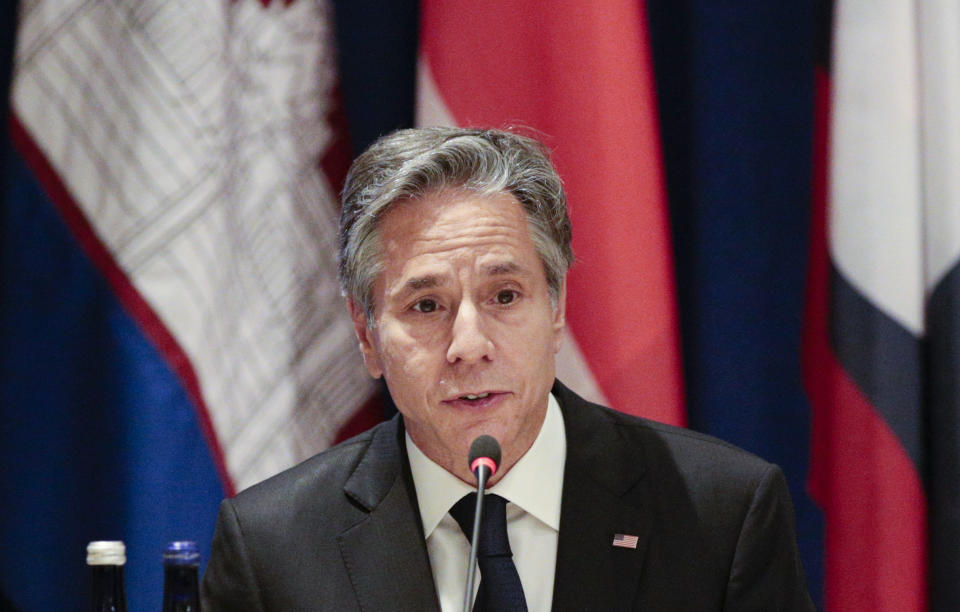 US Secretary of State Antony Blinken meets with Foreign Ministers of the ASEAN Nations on Thursday, Sept. 23, 2021, on the sidelines of the U.N. General Assembly at United Nations headquarters in New York, (Kena Betancur/Pool Photo via AP)