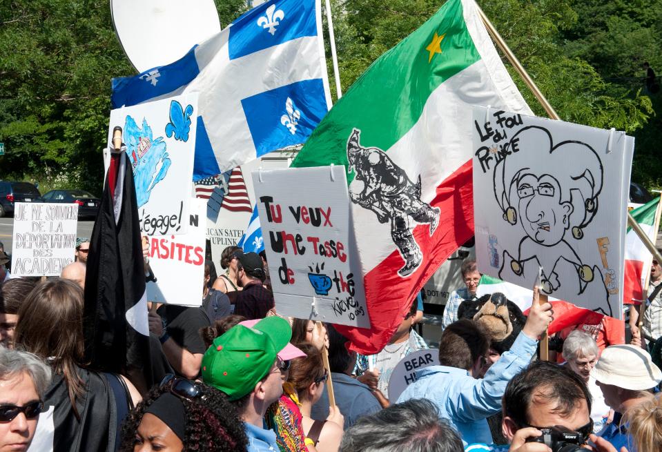 Protesters demonstrate against Prince William and Kate Middleton's visit to Montreal