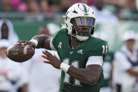 FILE - South Florida quarterback Gerry Bohanon throws a pass against Tulane during the first half of an NCAA college football game Saturday, Oct. 15, 2022, in Tampa, Fla. BYU has to replace Kedon Slovis after his only season at his third school. The Cougars quarterback competition will go into fall camp between South Florida transfer Gerry Bohanon, who before that was Baylor's starter for its Big 12 championship game win in 2021, and Jake Retzlaff, their backup last season. (AP Photo/Chris O'Meara, File)
