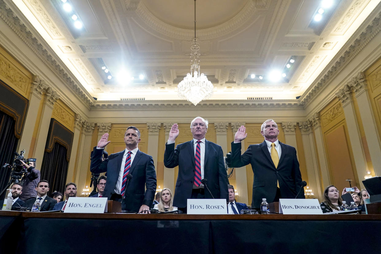 Image: Steven Engel, former Assistant Attorney General for the Office of Legal Counsel, from left, Jeffrey Rosen, former acting Attorney General, and Richard Donoghue, former acting Deputy Attorney General, are sworn in to testify as the House select committee (Jacquelyn Martin / AP)