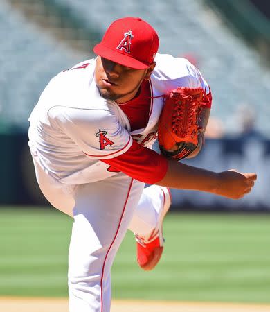 Aug 8, 2018; Anaheim, CA, USA; Los Angeles Angels starting pitcher Jaime Barria (51) in the fifth inning against the Detroit Tigers at Angel Stadium of Anaheim. Jayne Kamin-Oncea-USA TODAY Sports