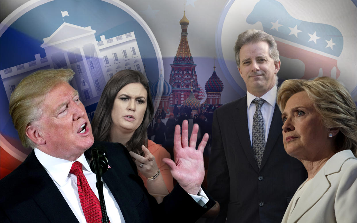 President Trump; White House press secretary Sarah Sanders; former British intelligence agent Christopher Steele; former presidential candidate Hillary Clinton. (Yahoo News photo illustration; photos: AP, Chip Somodevilla/Getty Images, Pablo Martinez Monsivais/AP, Spencer Platt/Getty Images, AP, Victoria Jones/PA via AP, David Hume Kennerly/Getty Images)