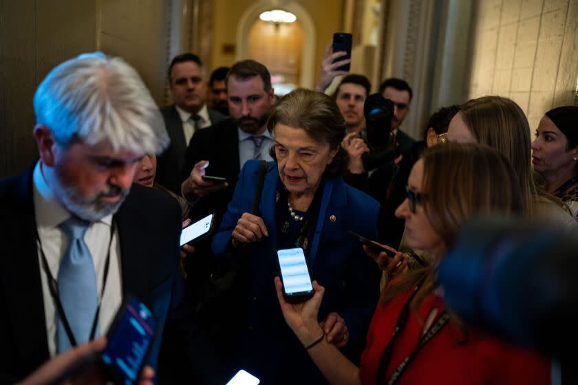 WASHINGTON, DC - FEBRUARY 14: Sen. Dianne Feinstein (D-CA) arrives at the Senate Chamber for a vote at the U.S. Capitol on Tuesday, Feb. 14, 2023 in Washington, DC. Feinstein, California's longest-serving senator, announced she will not run for reelection next year, marking the end to one of the state's most storied political careers. She plans to remain in office through the end of her term. (Kent Nishimura / Los Angeles Times)