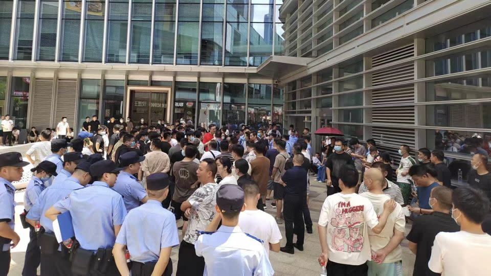 Temu suppliers protesting at the Aoyuan Group Mansion in Guangzhou, China, on July 29. - Obtained by CNN