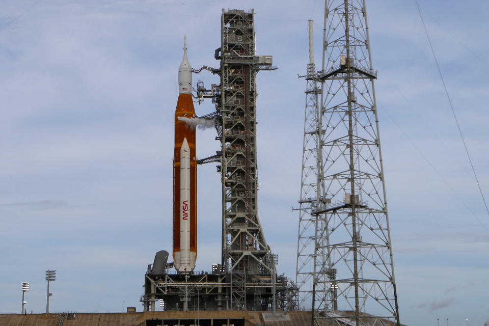 NASA's next-generation moon rocket, the Space Launch System (SLS) , sits on the pad as mission managers worked to overcome technical issues, at Cape Canaveral, Florida, U.S., August 29, 2022. REUTERS/Joe Skipper